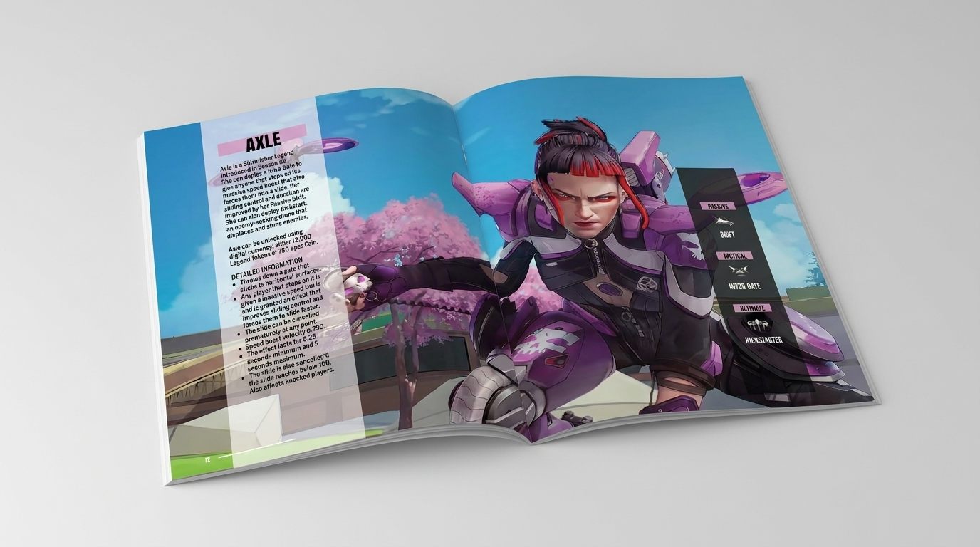 Printed Axle legend profile spread inside the zine, showing her passive, tactical, and ultimate abilities