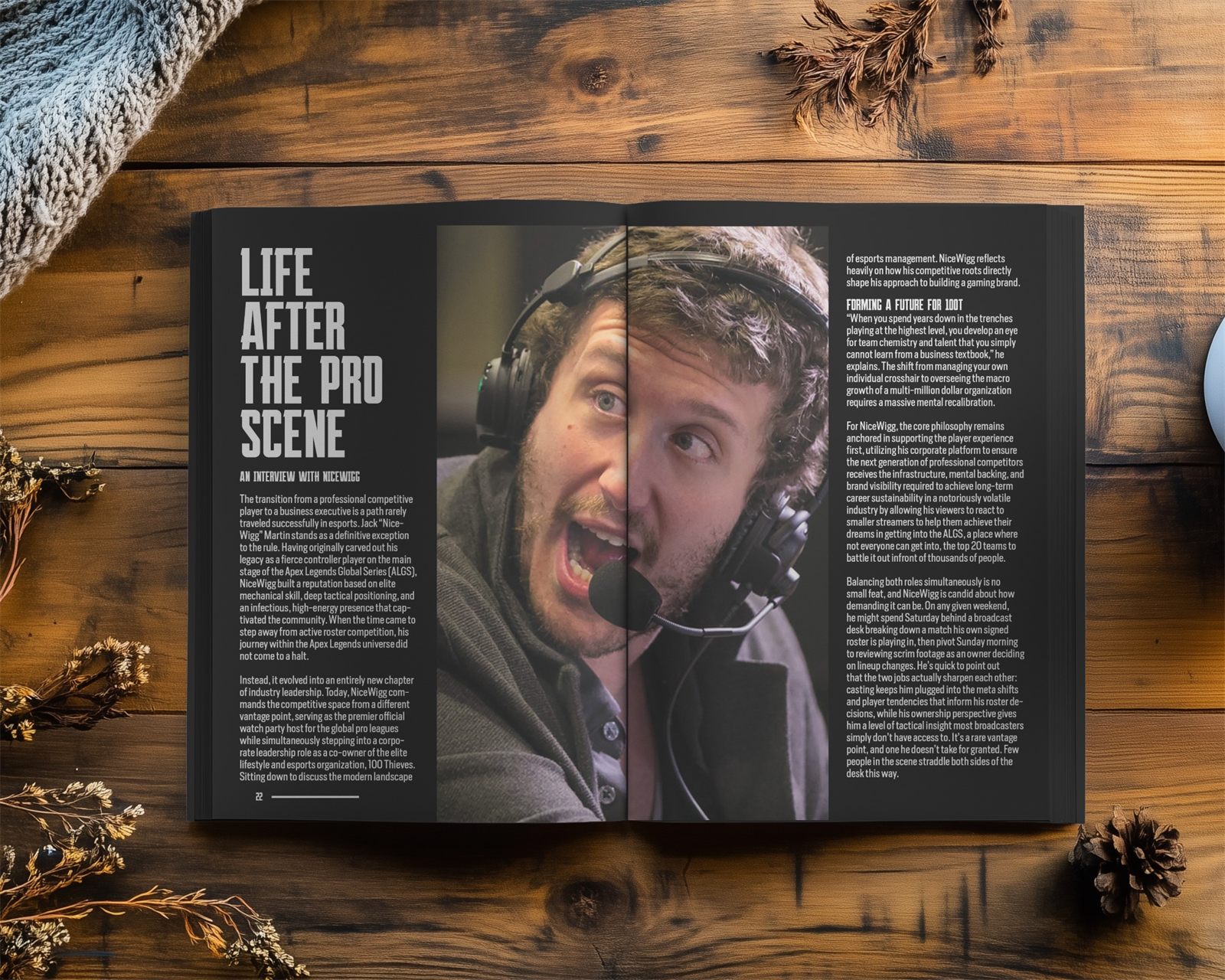 Printed Life After the Pro Scene spread from the NiceWigg interview, shown flat on a wooden table