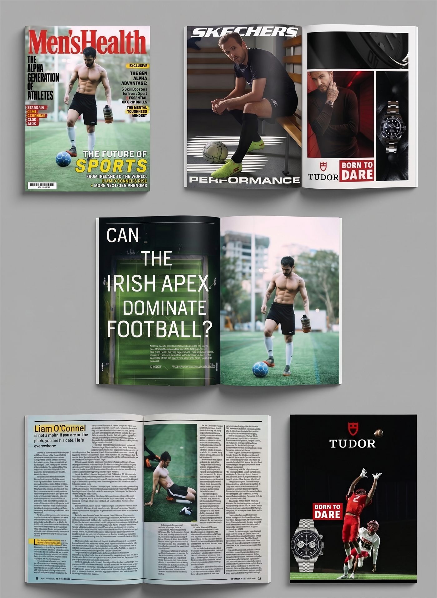 Layout flat lay of the Men's Health issue showing the cover, an editorial spread on Irish Apex, an athlete profile spread, and Skechers and Tudor ad pages