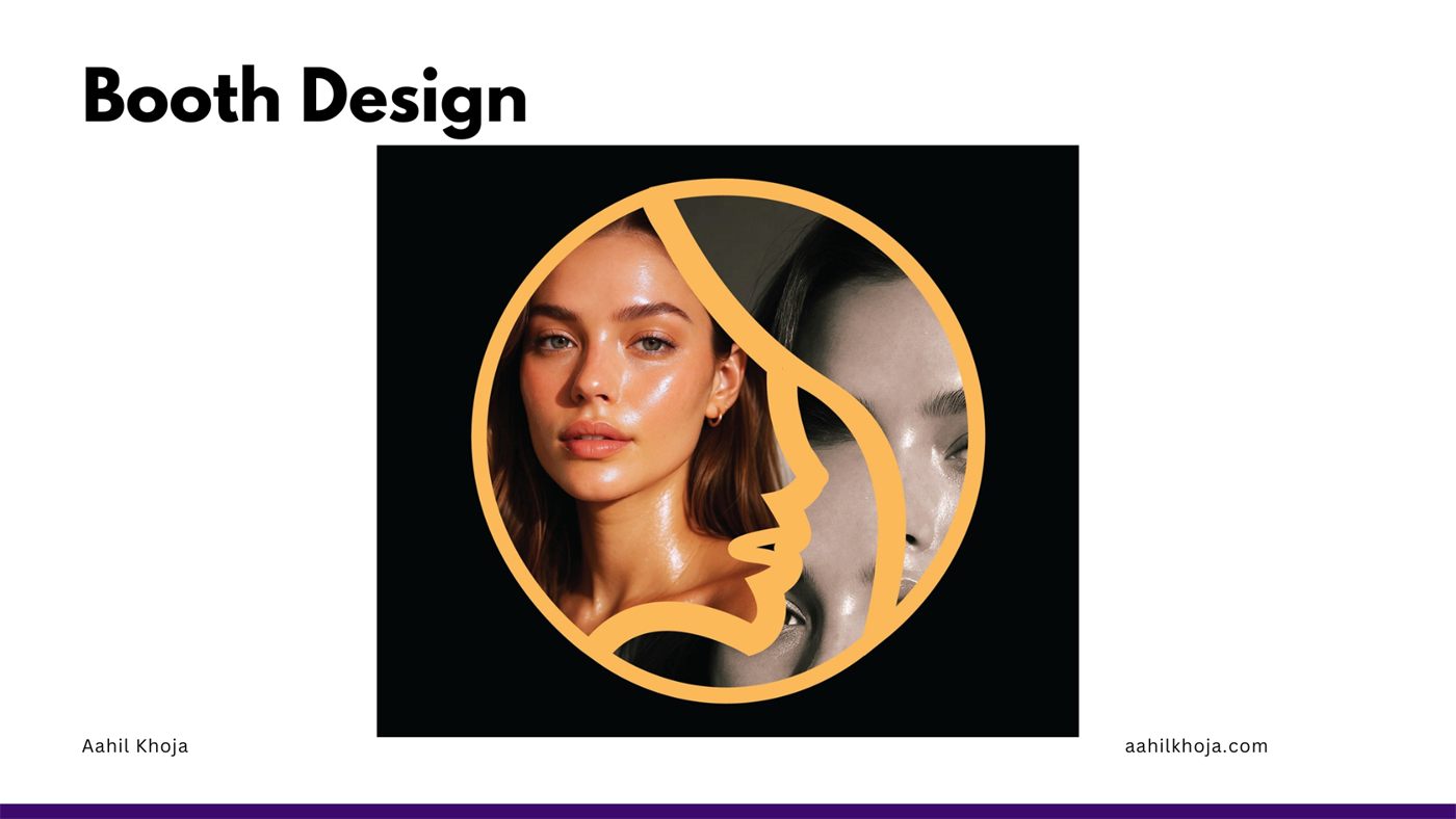 Booth key visual featuring the brand's face-outline mark over a split skincare portrait