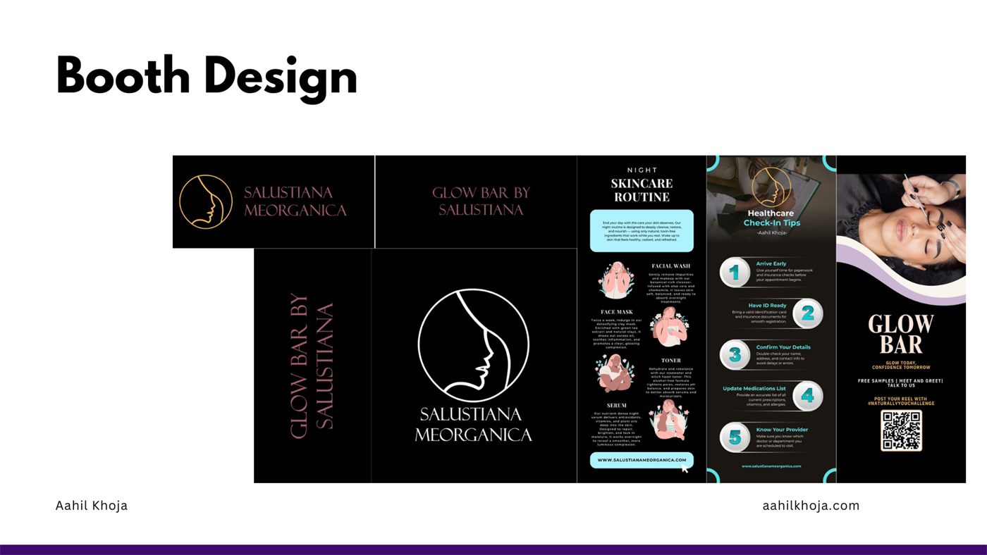 Flat layout of the booth panel graphics, including the Glow Bar signage and a skincare routine infographic