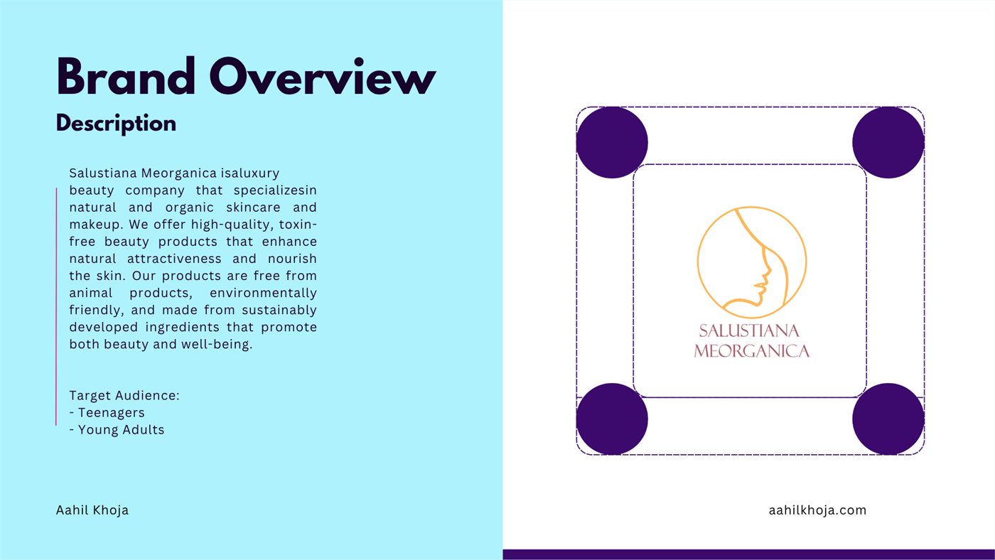 Brand overview slide describing Salustiana Meorganica as a natural, toxin-free beauty brand alongside its face-outline logo