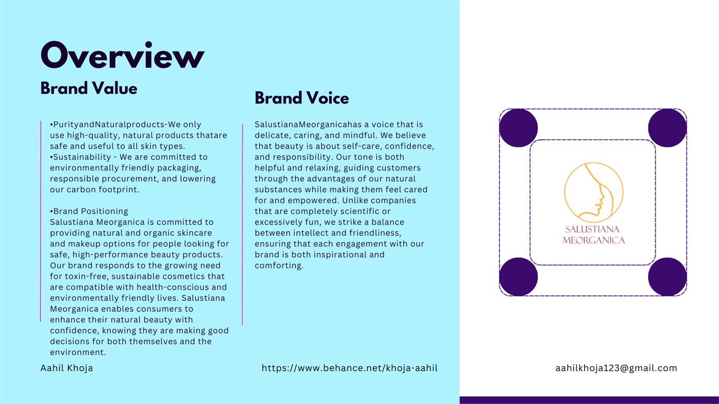 Brand value and brand voice slide outlining Salustiana Meorganica's positioning around purity and sustainability