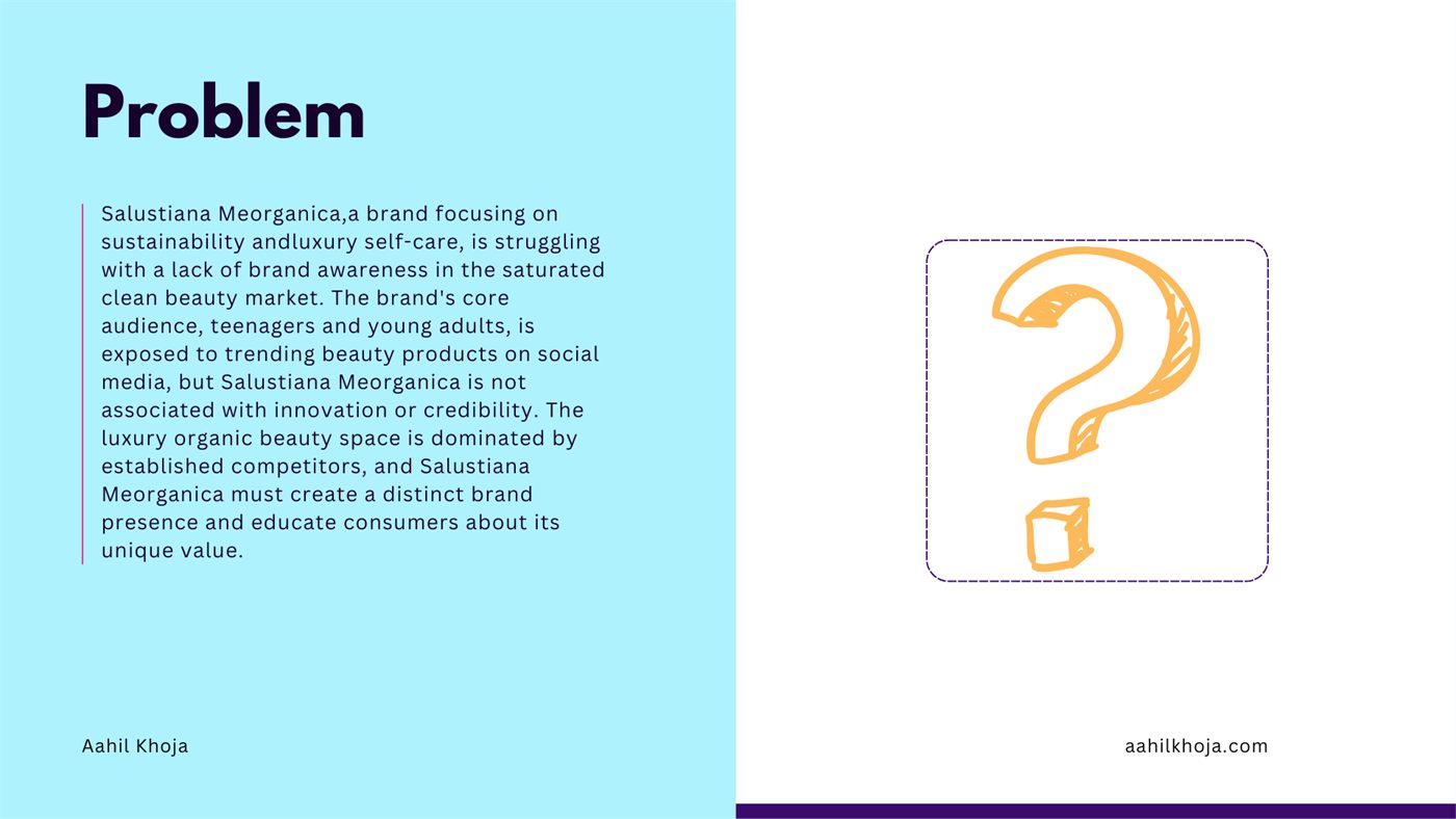 Problem statement slide identifying Salustiana Meorganica's lack of brand awareness in a saturated clean beauty market