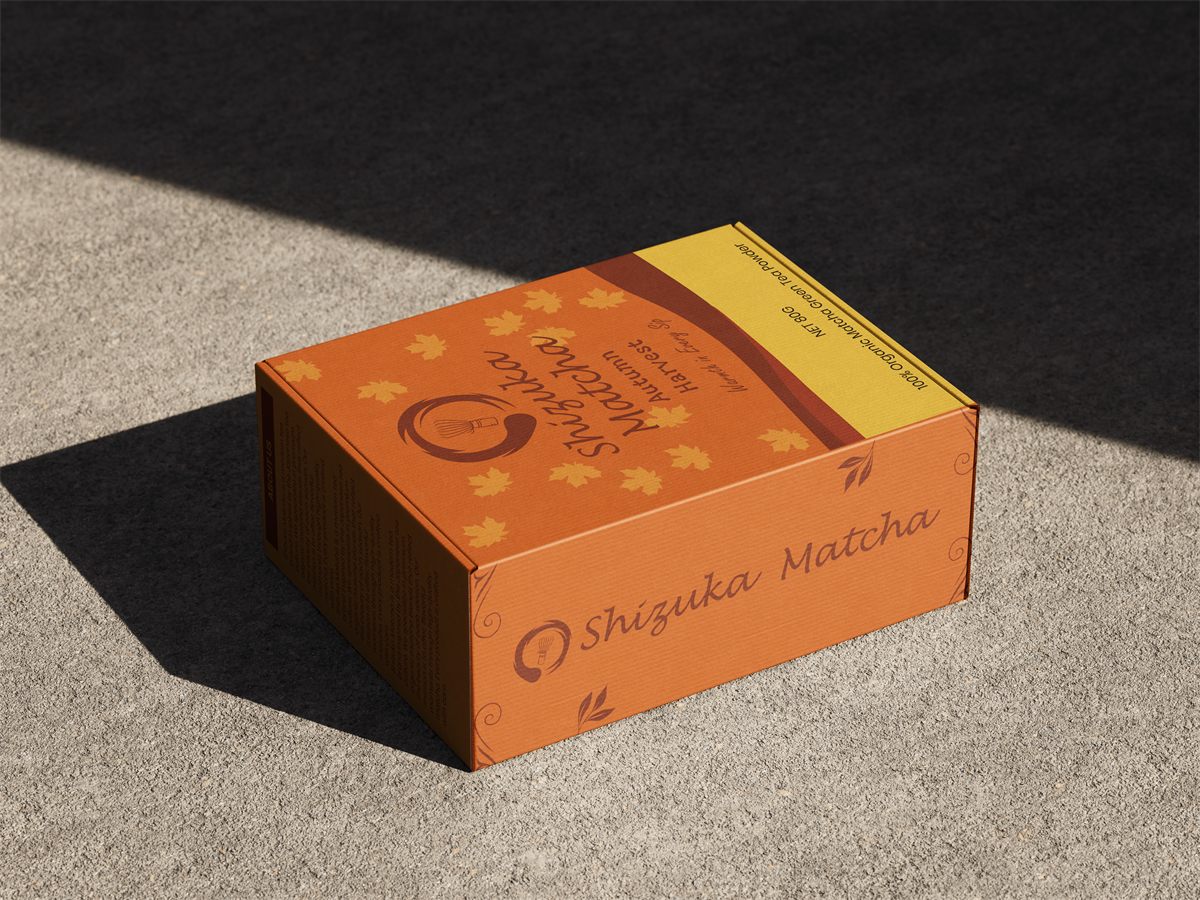 Shizuka Matcha Autumn Harvest box on a concrete surface in natural light