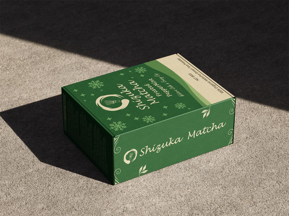 Shizuka Matcha Frosted Peppermint box on a concrete surface in natural light