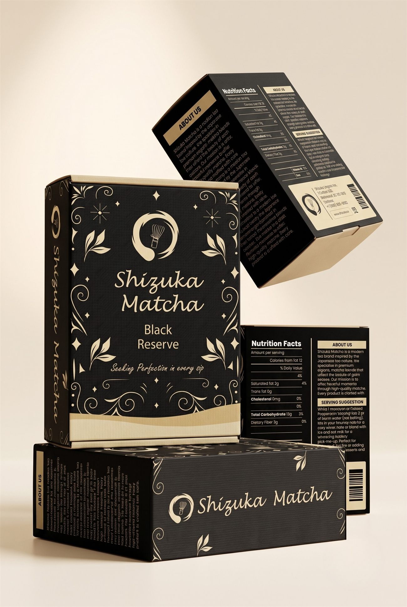 Shizuka Matcha Black Reserve box shown from the front, back and side panels, including the nutrition facts and about us copy