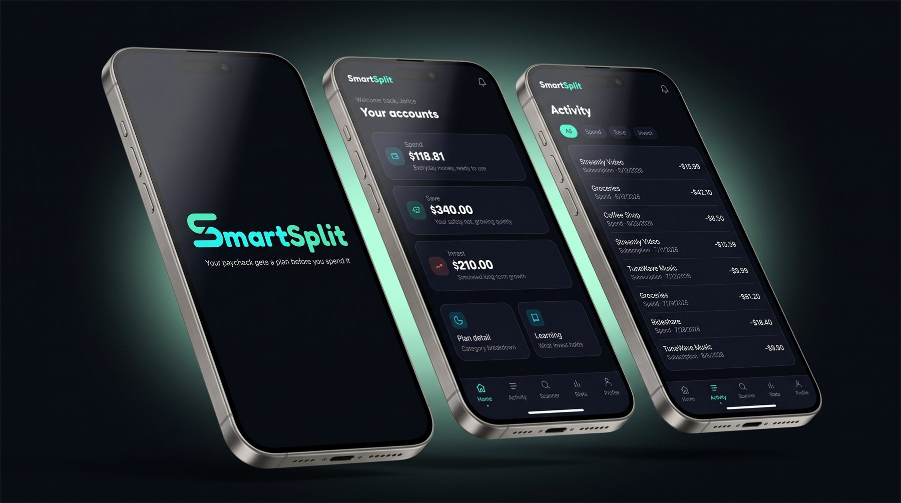Three SmartSplit app screens in a dark 3D mockup preview