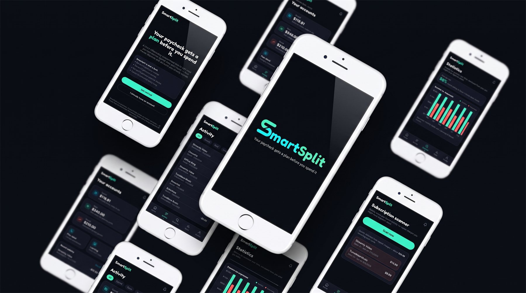 Scattered mockup of several SmartSplit screens across multiple phones on a dark surface
