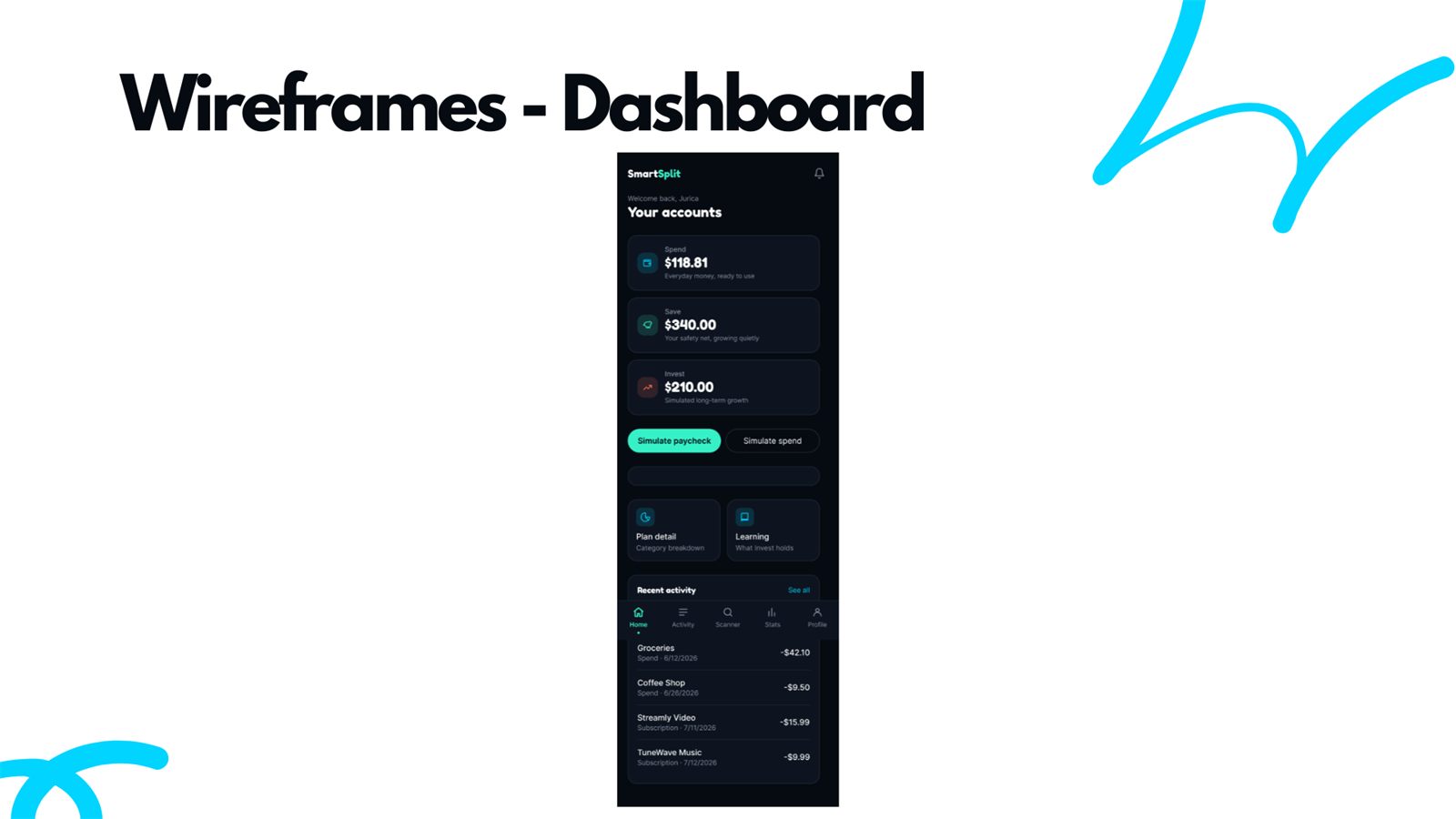SmartSplit home dashboard showing Spend, Save, and Invest account balances with quick actions
