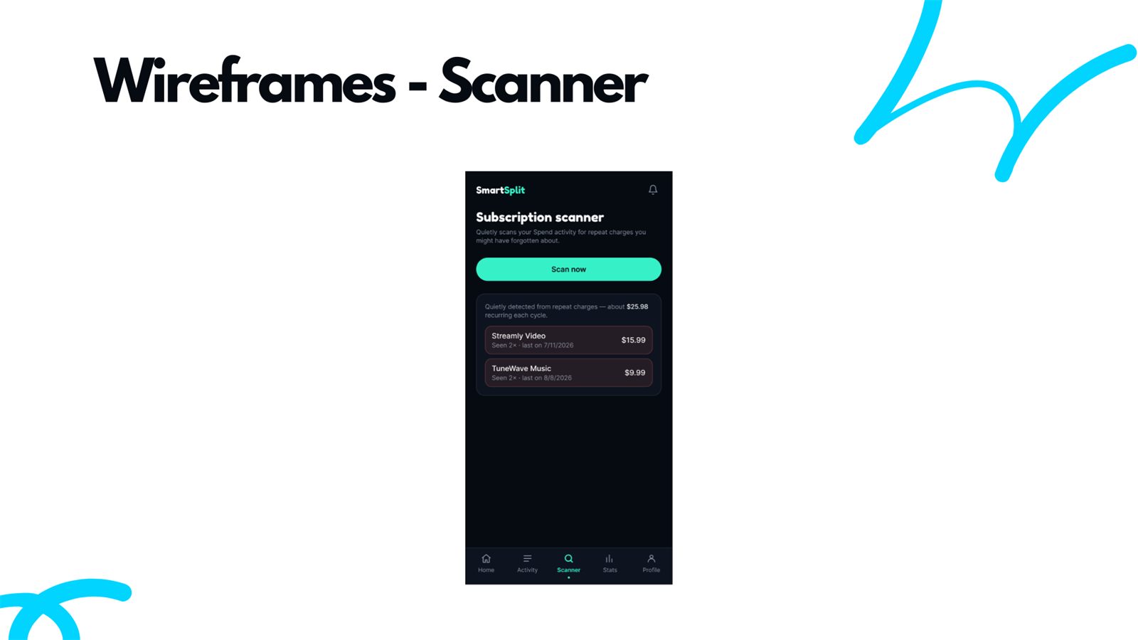 SmartSplit subscription scanner screen flagging recurring charges detected in spending activity