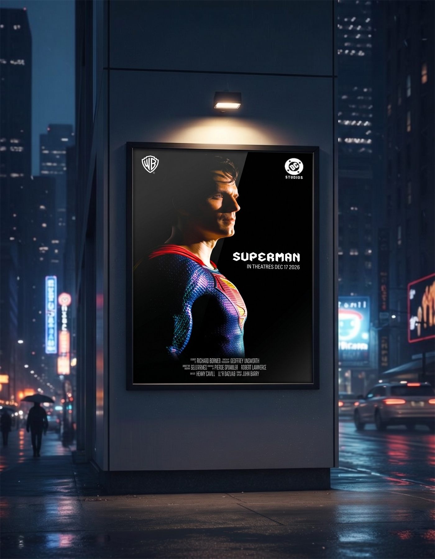 Superman movie poster mockup in a bus shelter ad panel at night