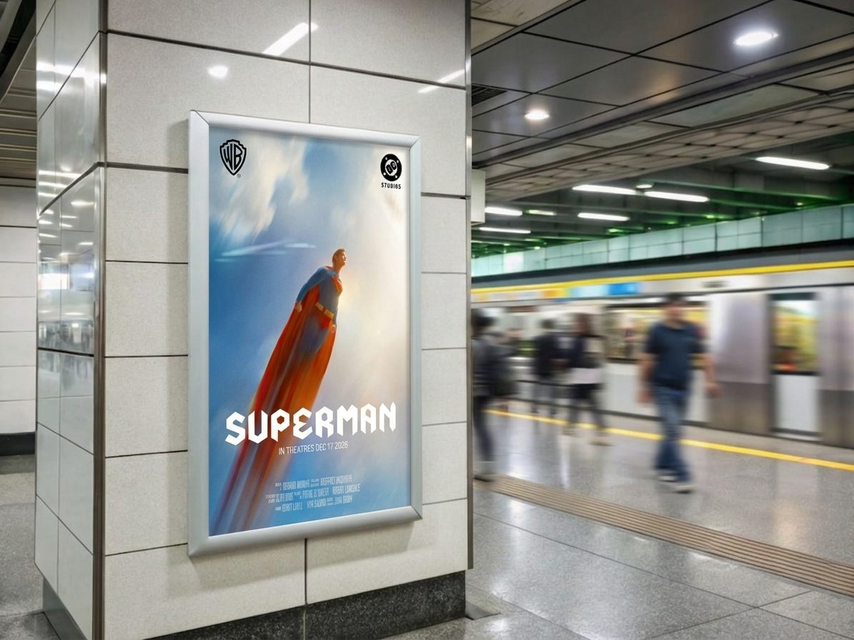 Superman movie poster mockup displayed on a lightbox ad panel in a subway station, with a train pulling in behind it