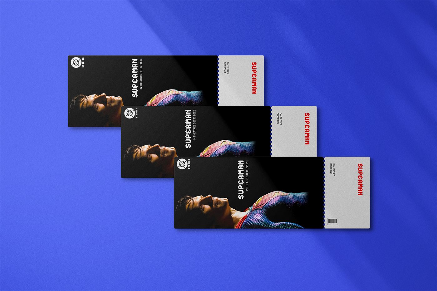 Three Superman branded movie tickets fanned out on a blue background