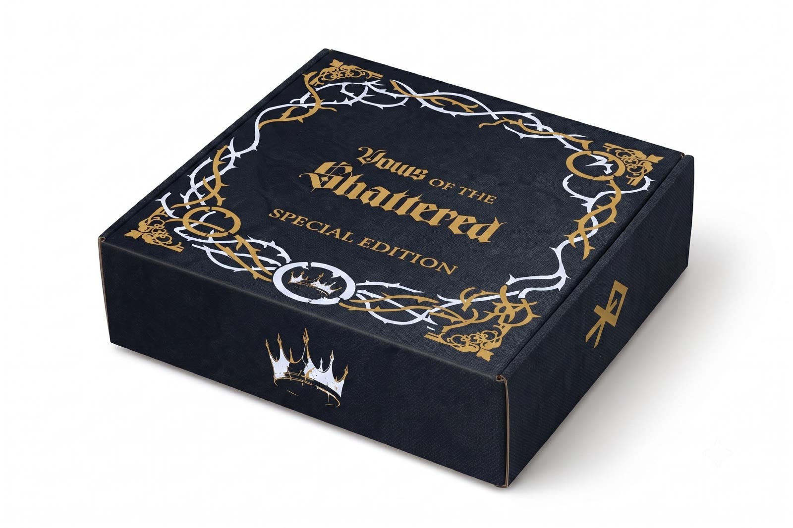 Vows of the Shattered Special Edition box, closed, with a gold and silver thorn border around the logo