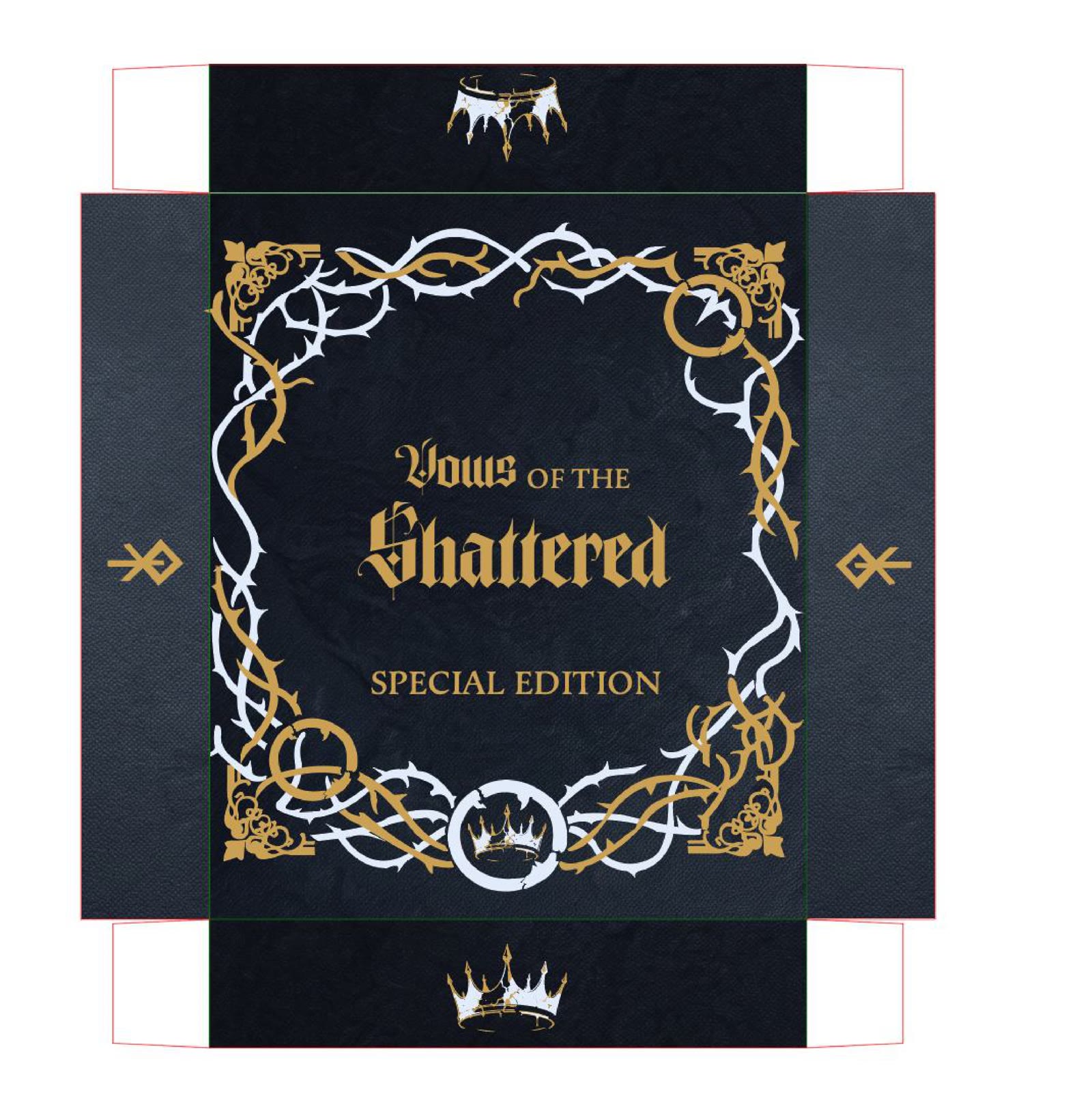 Finished flat box artwork with the gold and silver thorn border around the Vows of the Shattered logo