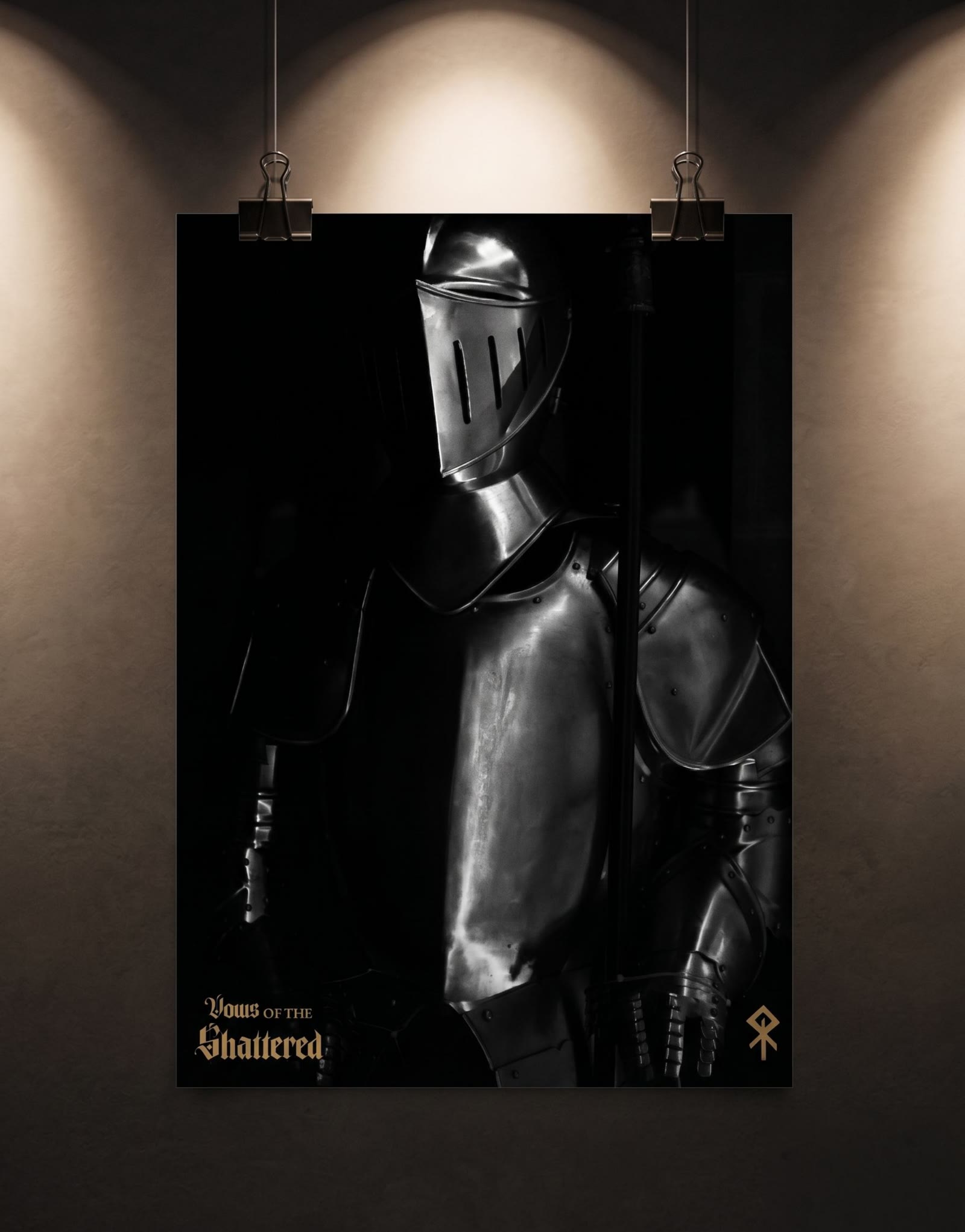 Vows of the Shattered poster mockup clipped to a wall under gallery lighting