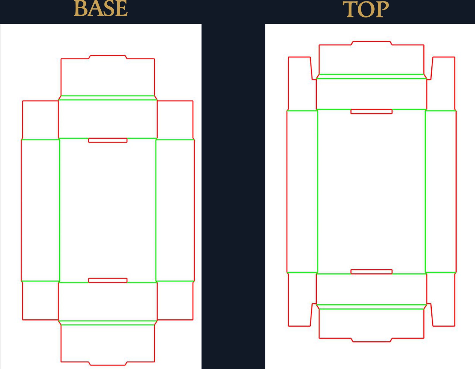 Digital dieline sketches for the base and top of the collector's box, showing fold lines and cut lines
