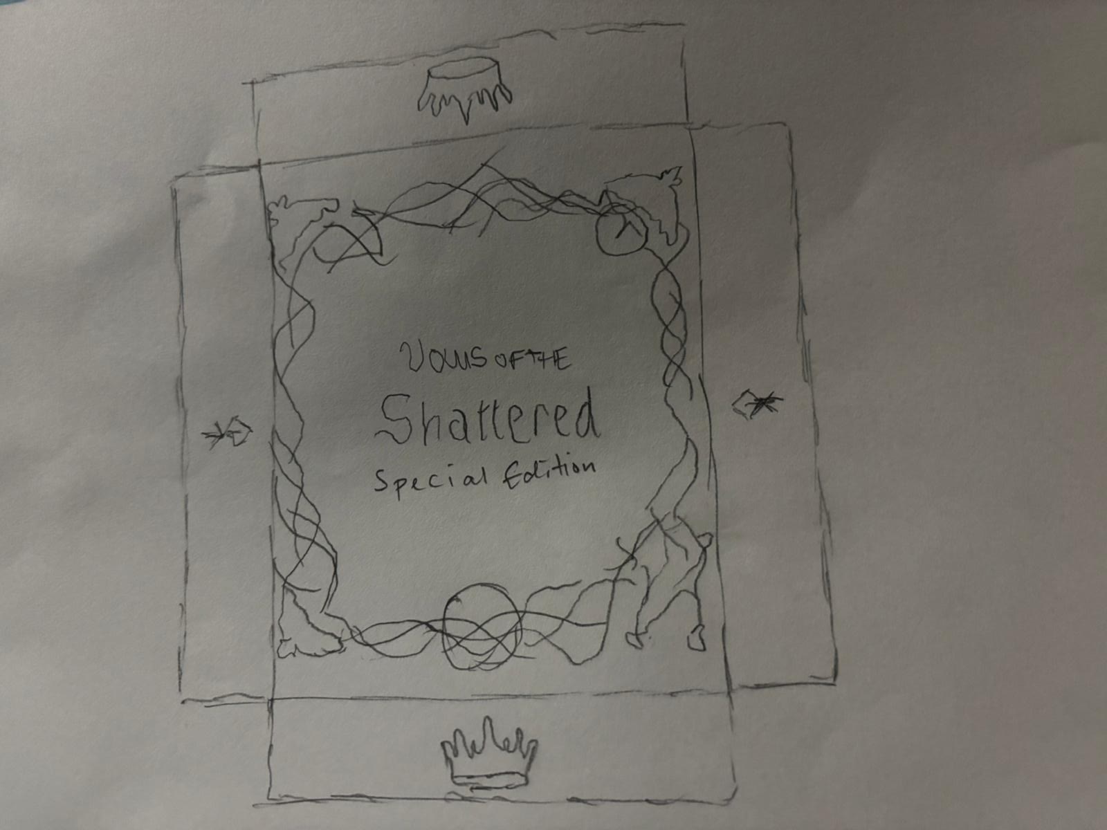 Hand drawn sketch of the main box dieline with the Vows of the Shattered lettering and thorn border