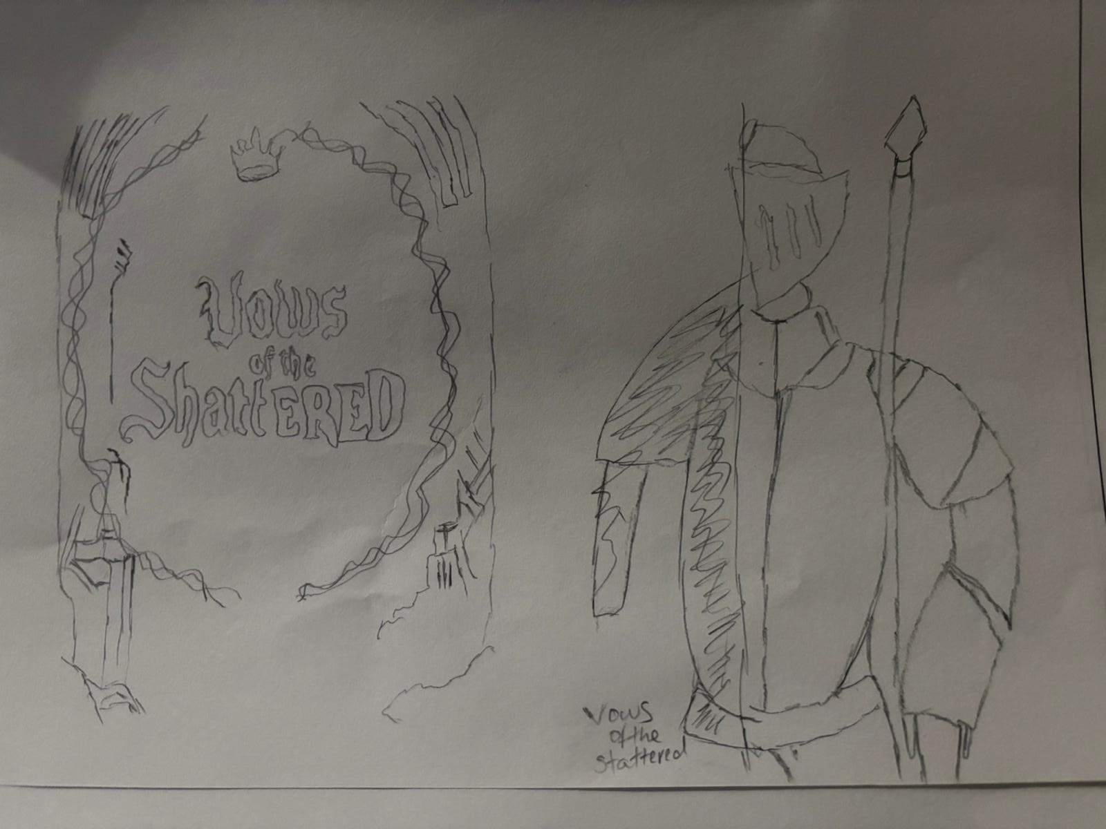 Hand drawn sketches for the poster, including the lettering treatment and the knight figure